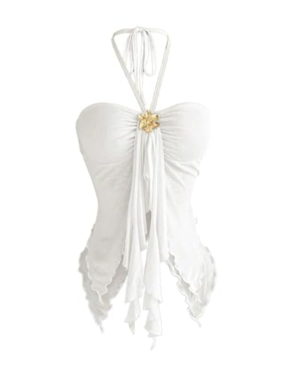 SOLY HUX Mesh Ruffle Halter Top Y2K Sleeveless Tie Backless Asymmetrical Beach